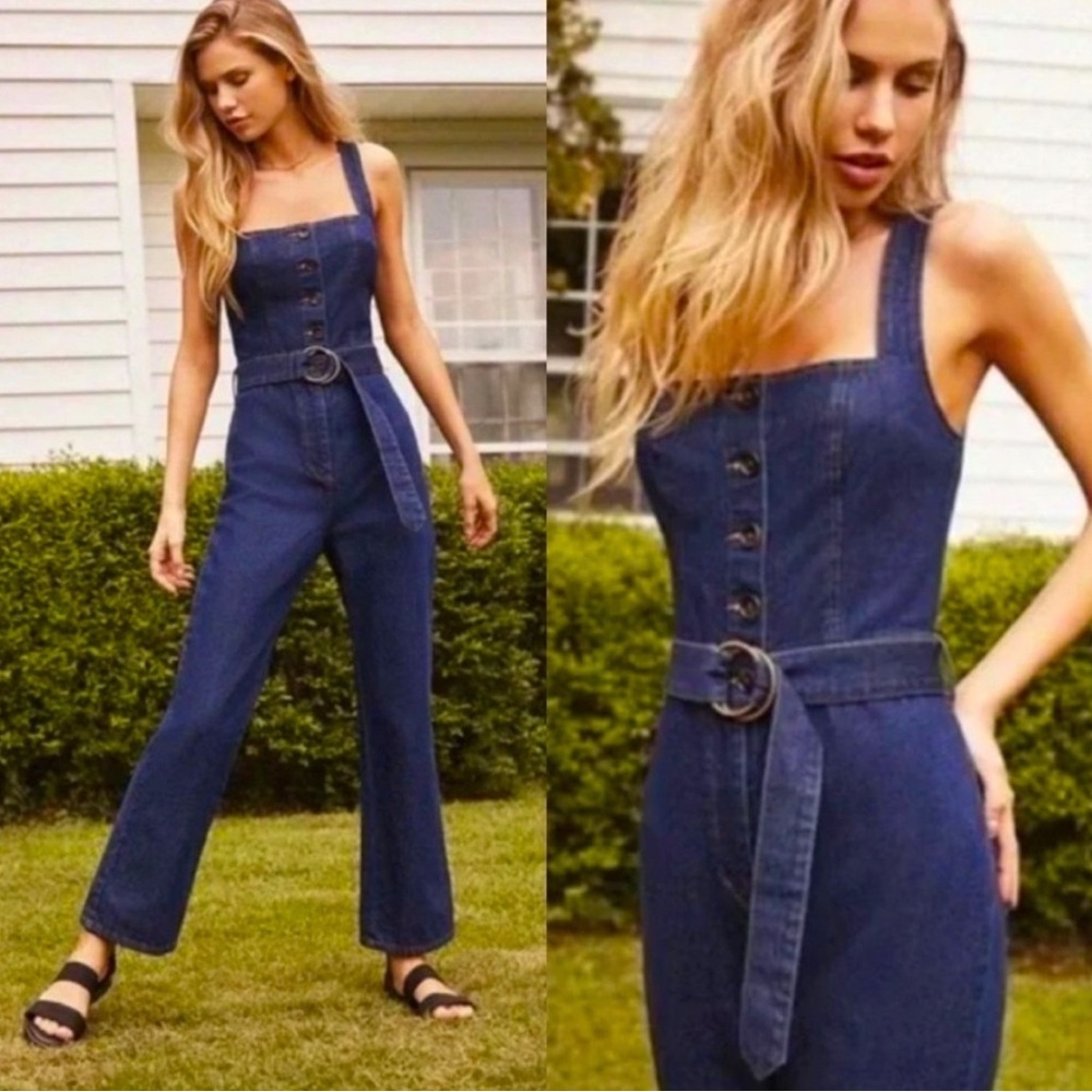 BDG Urban Outfitters Retro Button Front 70s Wide Leg Belted Denim Jumpsuit